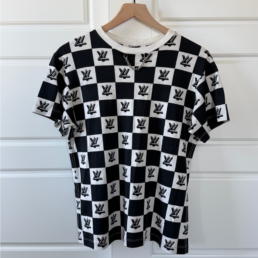 Louis Vuitton Black and White Checkerboard Logo Tee